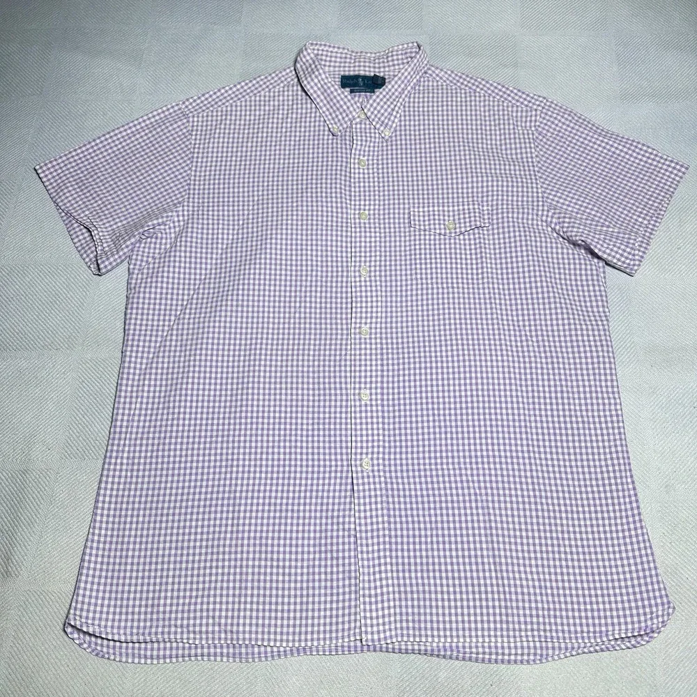 Vintage Polo by Ralph Lauren Button Shirt 2XL Seersucker Purple‎ Gingham Pocket